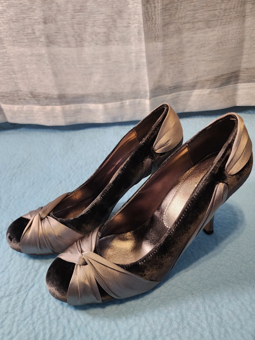 Max Studio Silver Satin and Charcoal Velvet Knot Peep-Toe Heels
